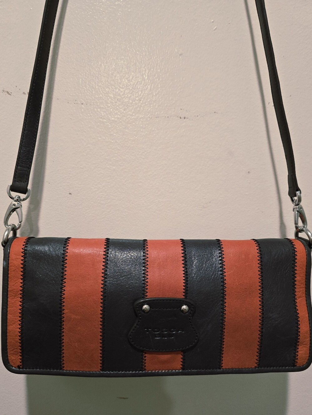 TOSCA BLU Leather Stripe Shoulder Bag in Navy and Orange